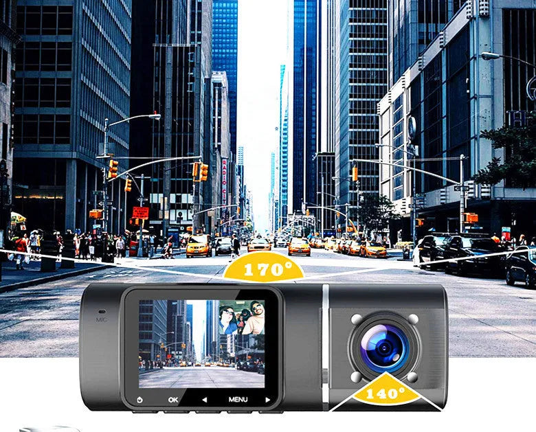 Black dual-lens car dash cam with 1.5-inch screen, mount, and car charger on a dashboard.