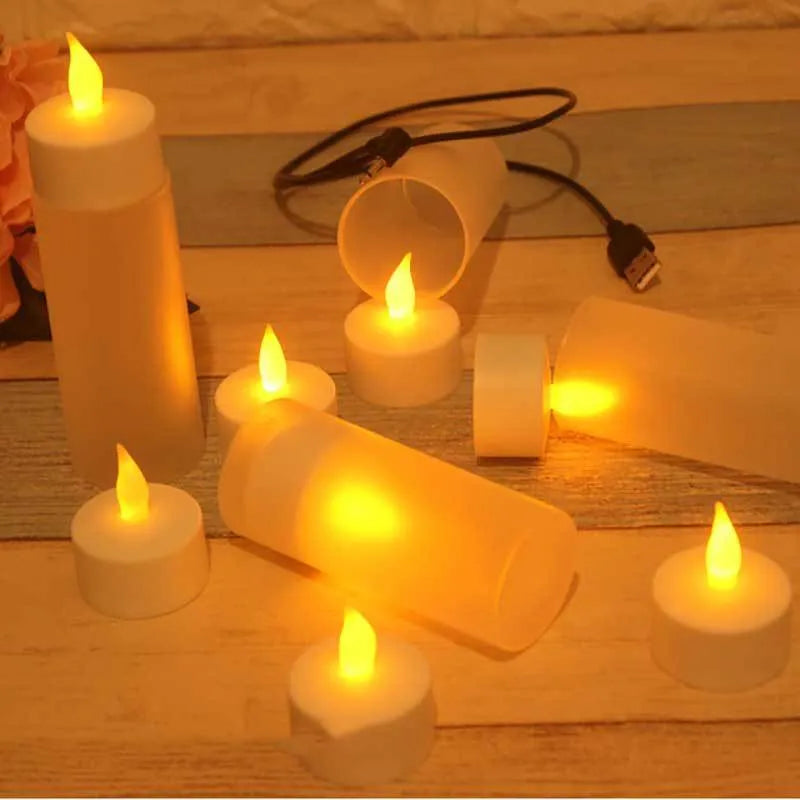 White plastic USB rechargeable LED candle lamp with yellow flashing flame effect on plastic cup