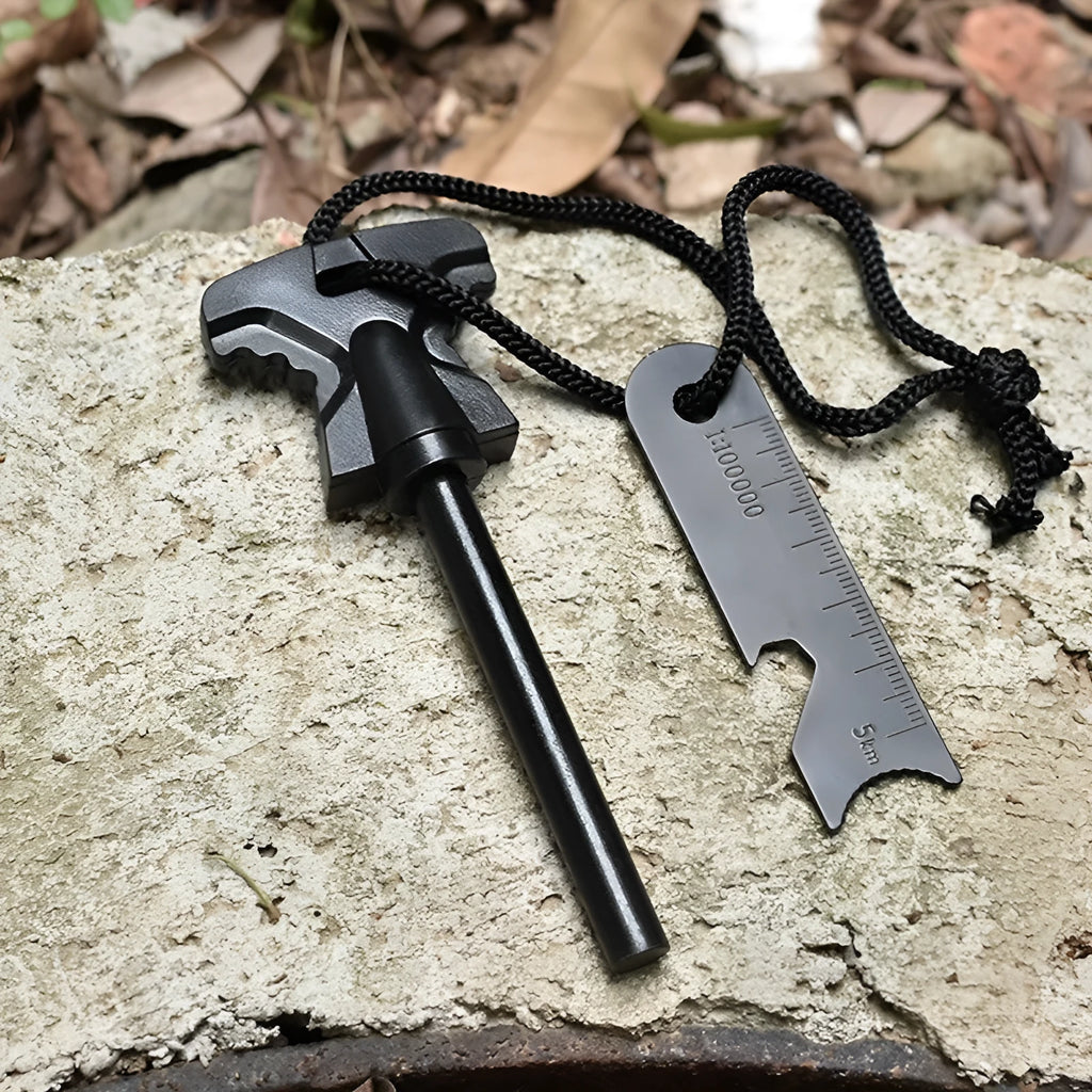Stainless steel butterfly-shaped firestarter and bottle opener outdoor tool.