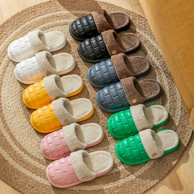 Pink and grey plaid detachable slippers with a soft plush interior and a textured white EVA non-slip sole.