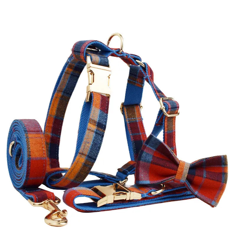 Dog wearing four-piece gentleman fashion set with collar, leash, bow tie and vest in cloth material