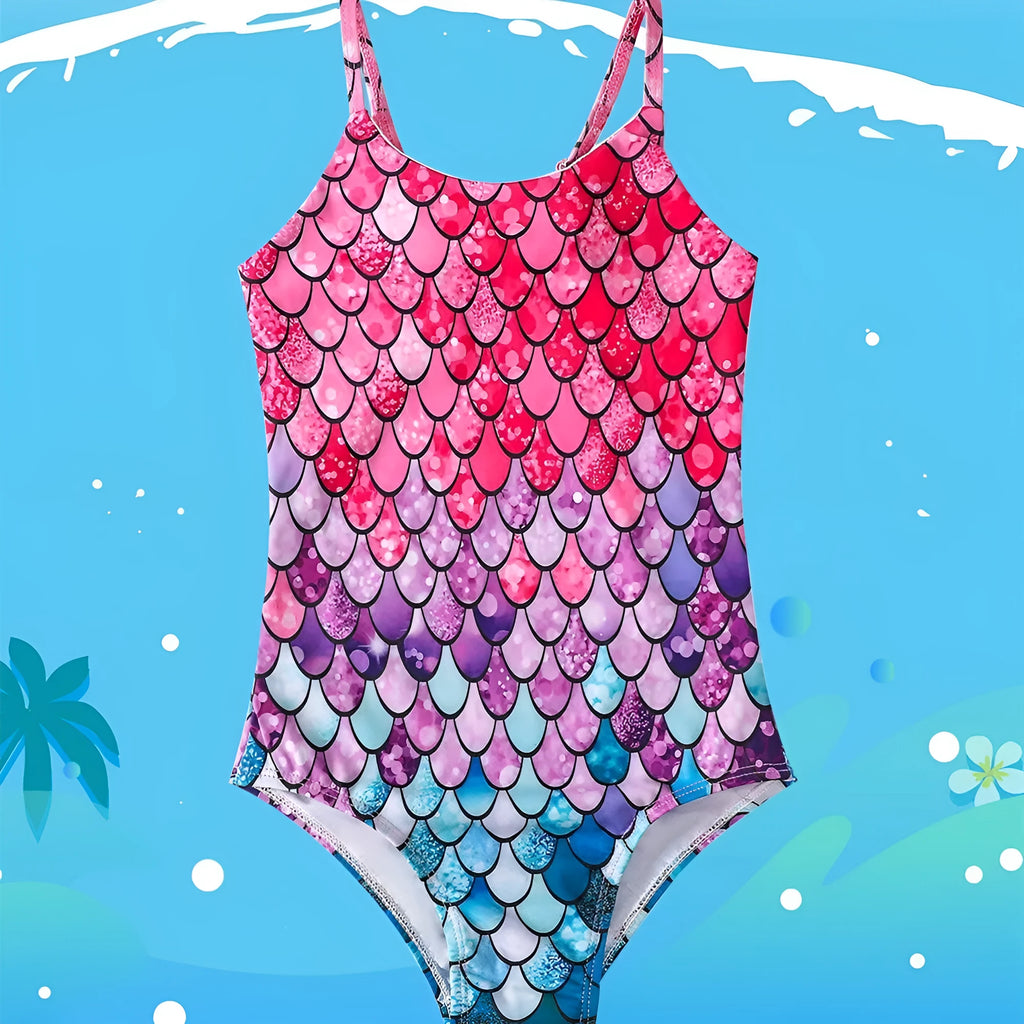 Blue and purple girls' mermaid one-piece swimsuit for swimming, shown in a child size.