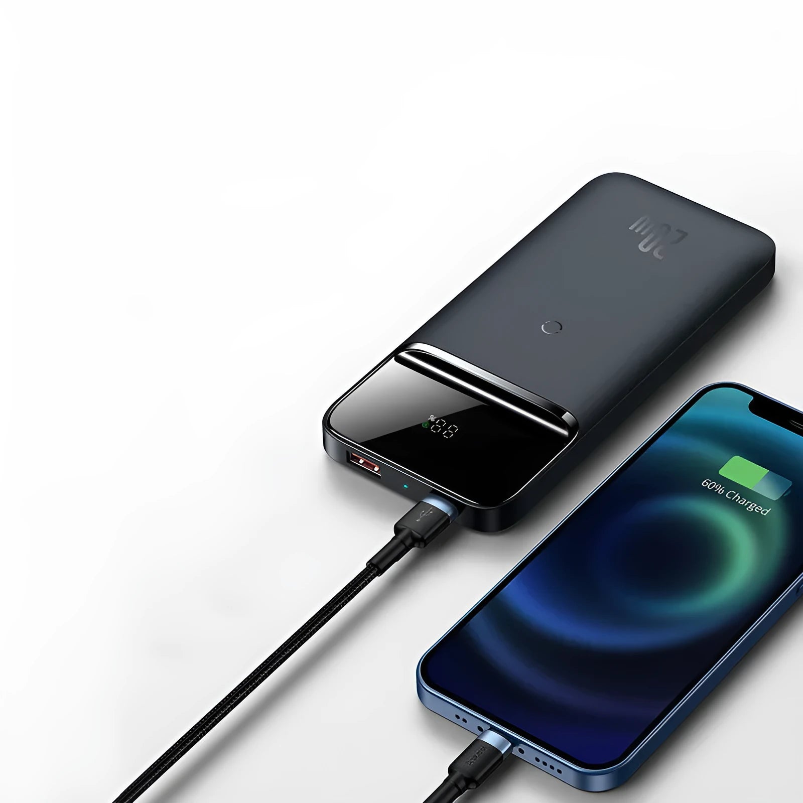 White MagSafe magnetic wireless power bank with LCD display showing battery percentage
