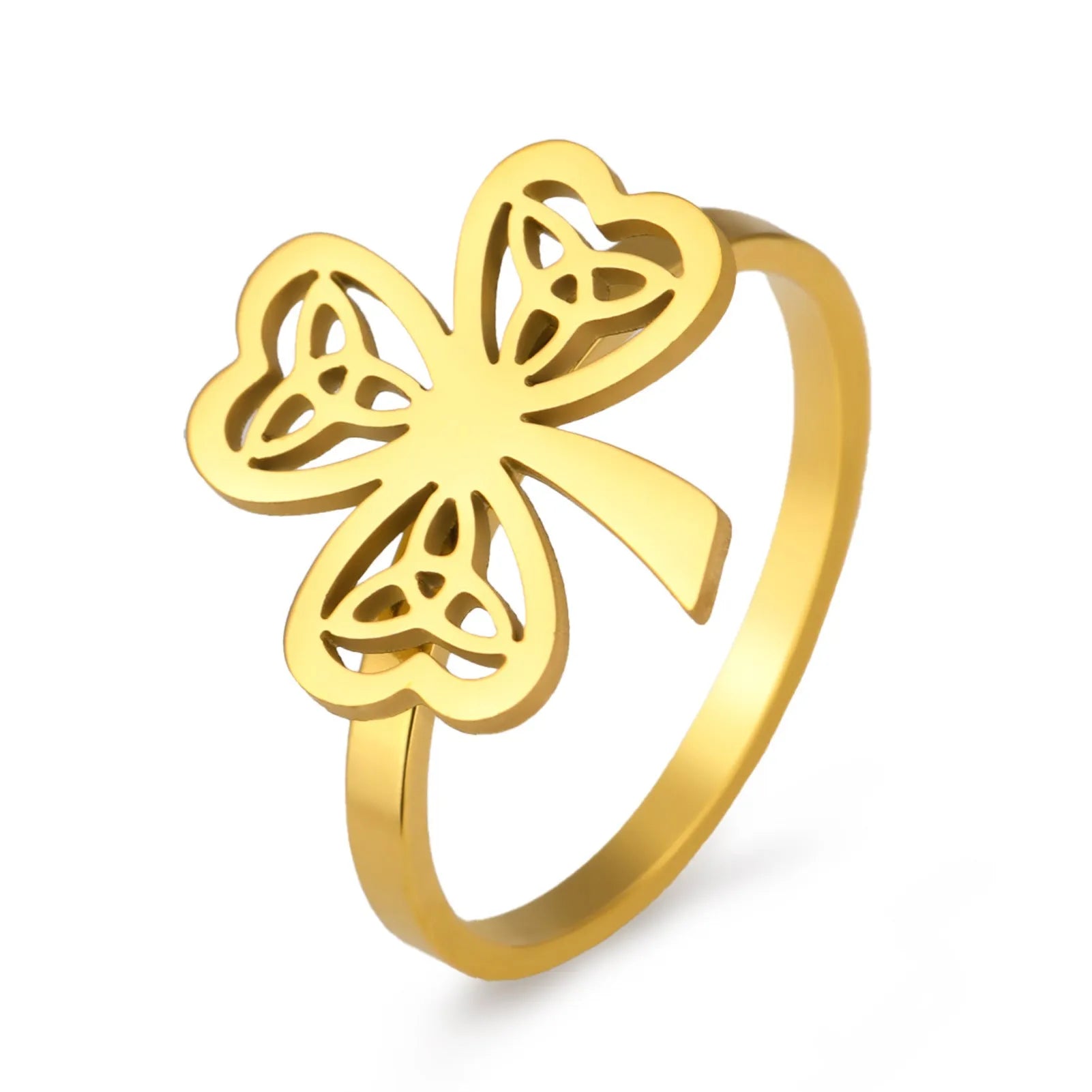 Stainless steel hollow ring shown in gold and steel colour finishes on hand