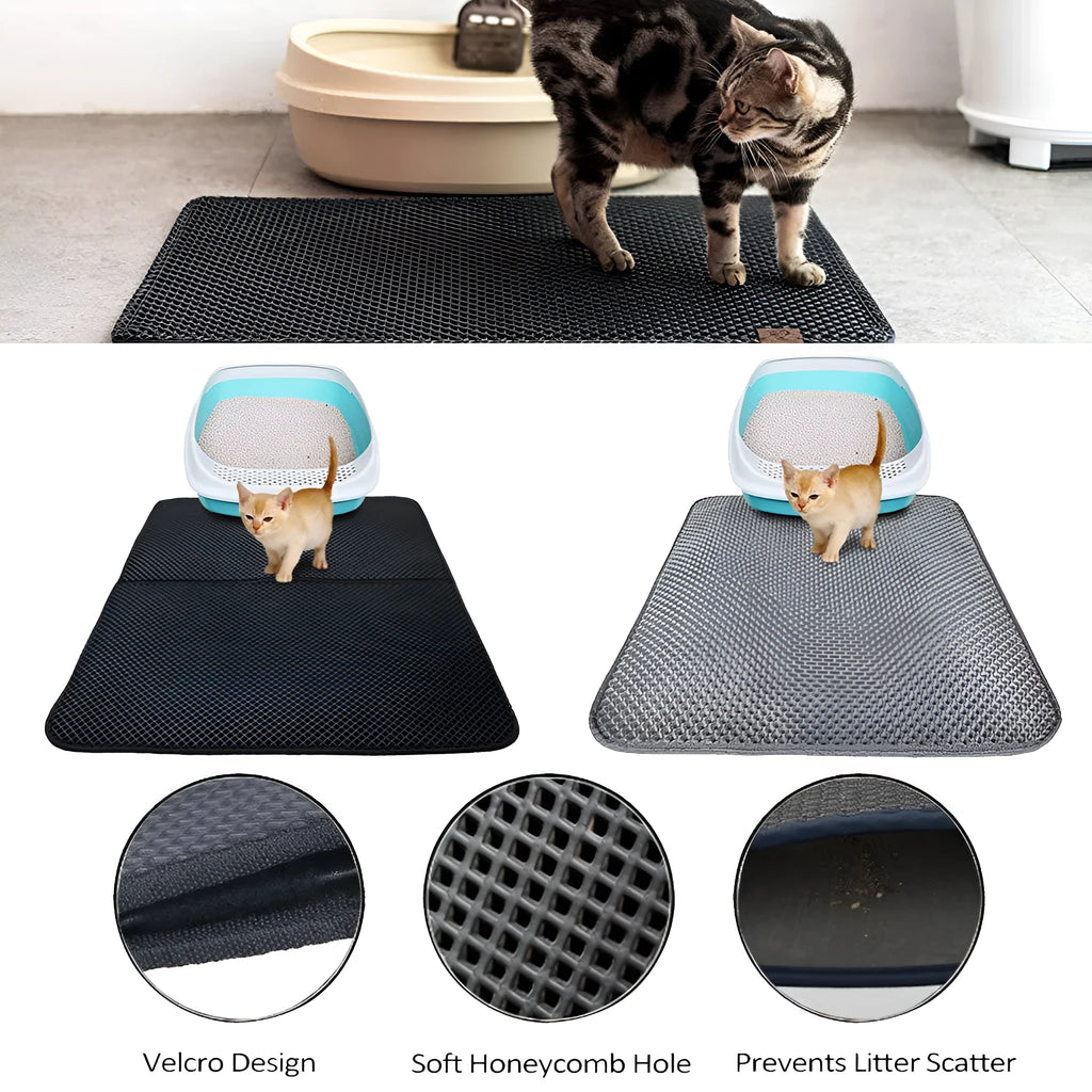 Waterproof EVA double-layer cat litter mat in black honeycomb design, size L foldable, placed under a litter box