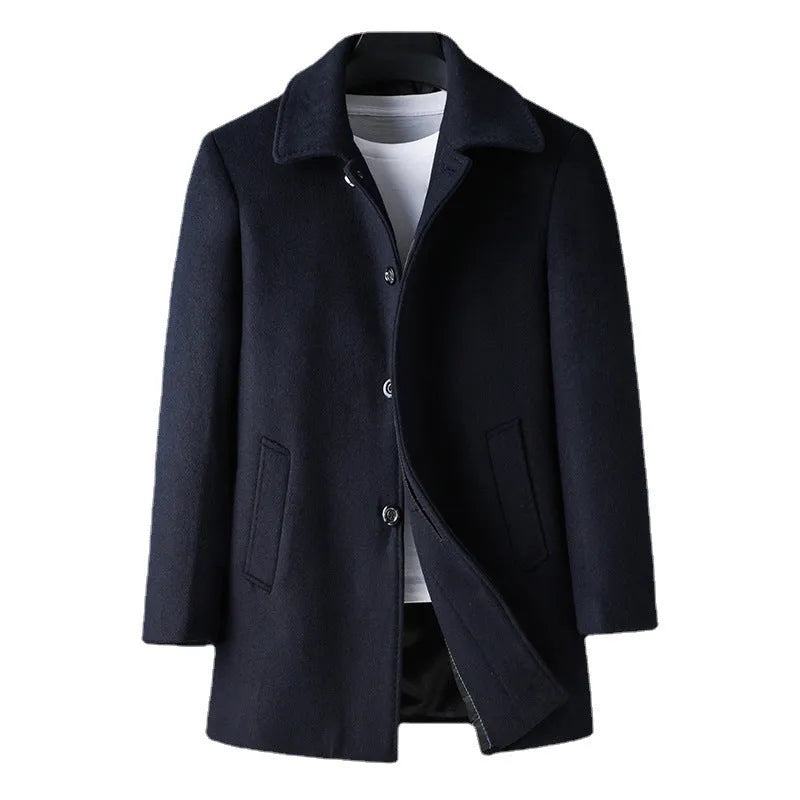 Mid-length Korean style trench coat with lapel collar and long sleeves in dark blue wool blend