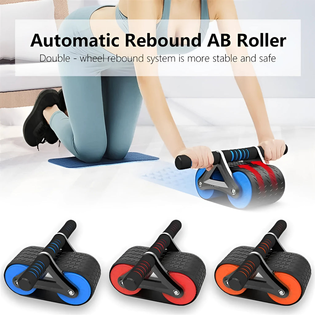 Double wheel abdominal exerciser with automatic rebound and blue kneeling pad on a dark surface