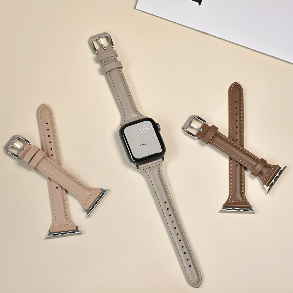 Women's retro slim PG leather strap for Apple Watch, 12mm width, stainless steel buckle, multiple colour options