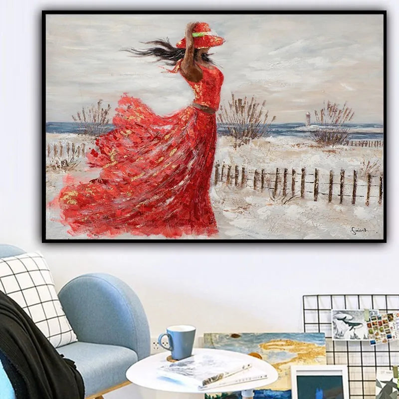 Hand-painted oil painting on canvas of a girl in a red dress, seaside abstract people design, rolled and unframed wall art.