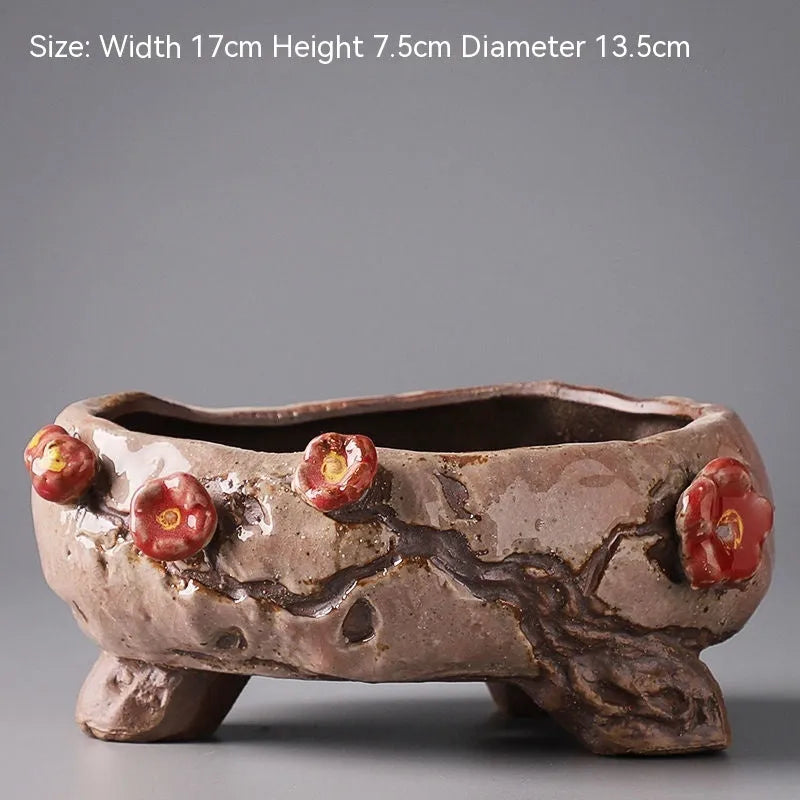 Ceramic combination flower pot with hand-painted pastoral design for plant display