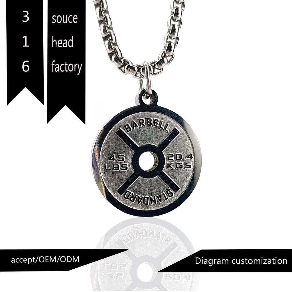 Stainless steel barbell disk sports necklace on a choice of pearl, gold, or black 60cm chain.