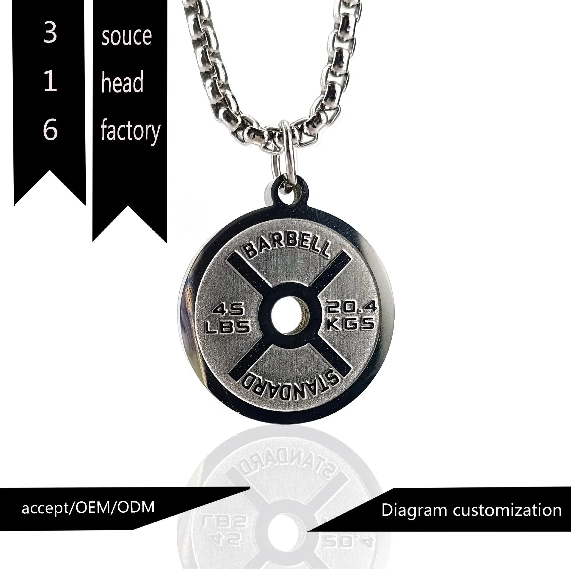Stainless steel barbell disk sports necklace on a choice of pearl, gold, or black 60cm chain.