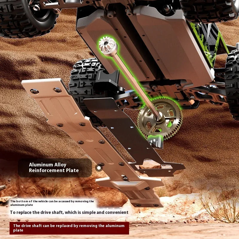 Brushless four-wheel drive remote control car in green with metal drive shaft and 50 km/h speed rating