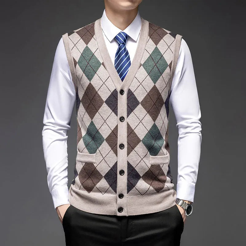 Men's knitted vest cardigan, sleeveless V-neck with pockets, cotton blend jacquard, available in five colours, sizes M to 4XL