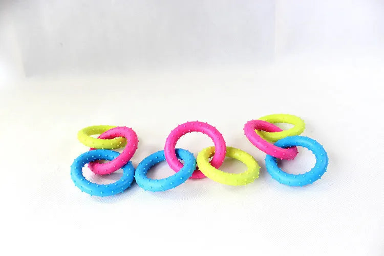 TPR plastic three-chain dog molar chew toy with raised cleaning nubs, shown in a random colour.