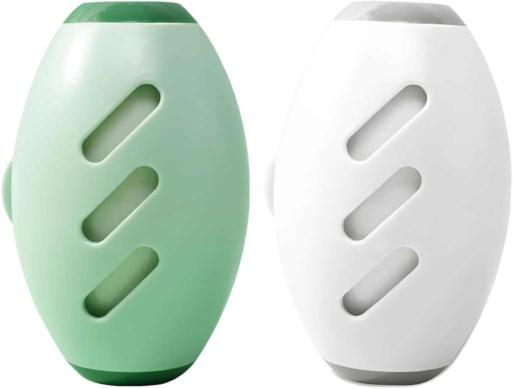 Green and white washable gel lint roller ball for pet hair removal on fabric.