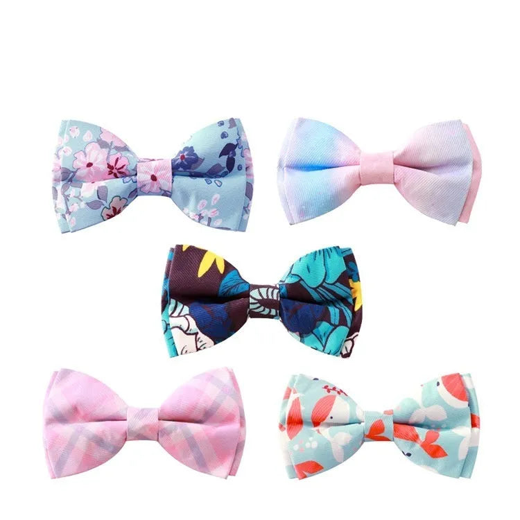 Polyester pet collar with decorative bow and rose gold buckle in multiple colour patterns