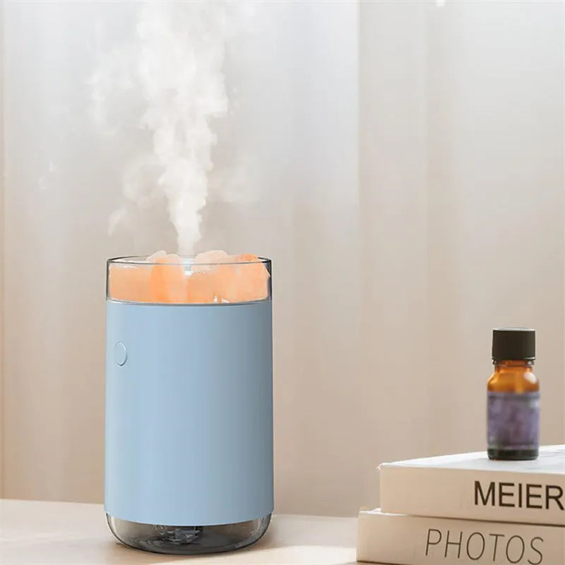 Desktop crystal salt stone ultrasonic essential oil diffuser with colour LED lamp, USB cable, and blue, pink, white options