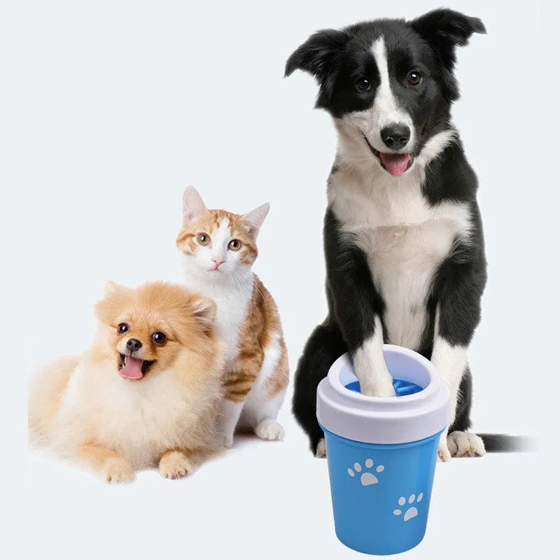 Silicone dog paw cleaner cup with soft bristles, available in blue, green, and pink, sizes M and S