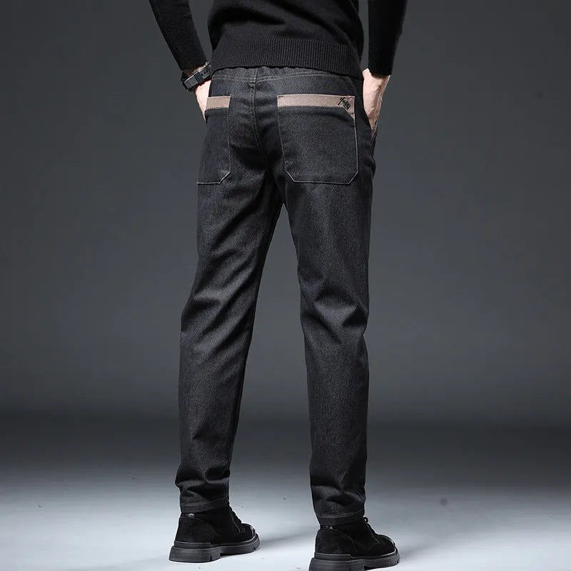 Men's embroidered slim straight cotton trousers in black, high waist, spring wear