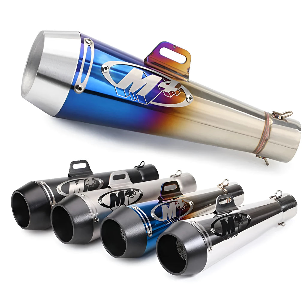 M4 universal motorcycle exhaust pipe in titanium finish, showing welding detail and mounting flange for large displacement engines.