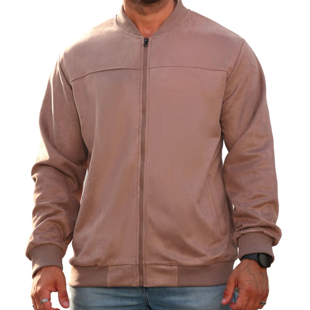 Men's suede flight jacket in solid colour with long sleeves, round hem, and punk style