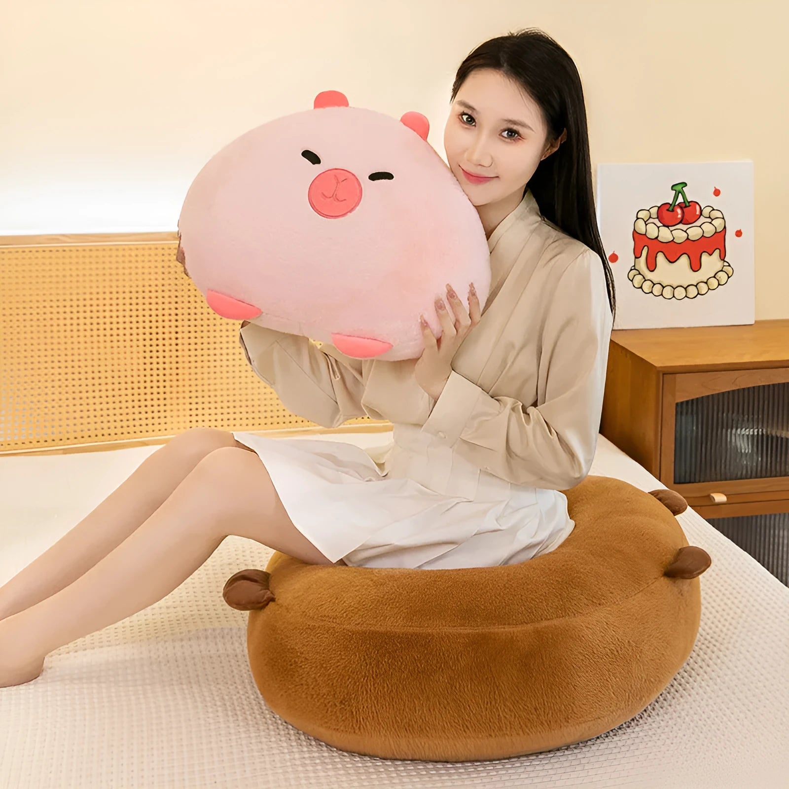 Brown capybara short plush cushion pillow with PP cotton fill on sofa