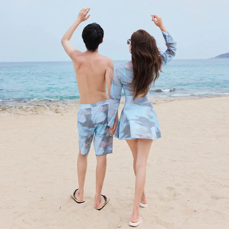 Blue one-piece couple swimsuit slimming nylon spandex tight fit for water park use