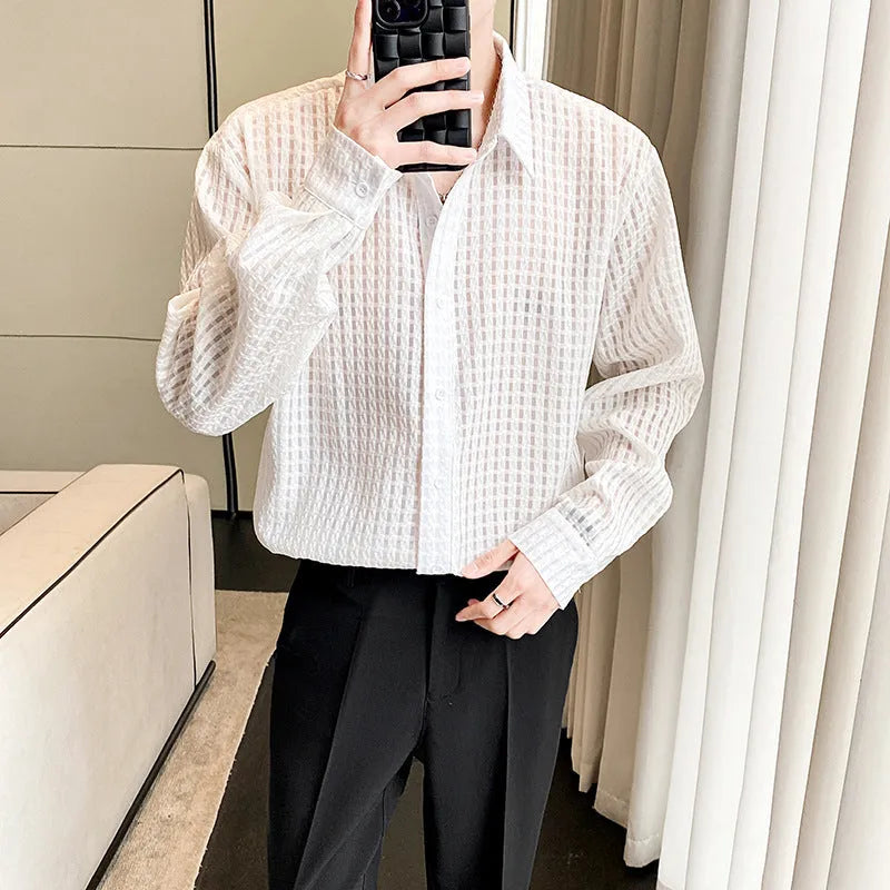 Loose draping inner white plaid shirt, chemical fibre blend cardigan style, sizes M-XXXL, for teenagers