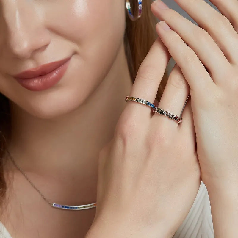 Silver love heart ring with coloured gems inlay and thick silver platinum finish, shown in US6 US7 US8 sizes
