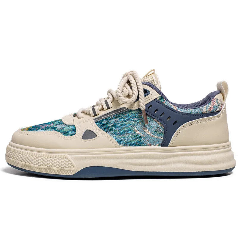 Men's flat heel canvas casual shoes in Milan green and beige colours, showing round toe design.