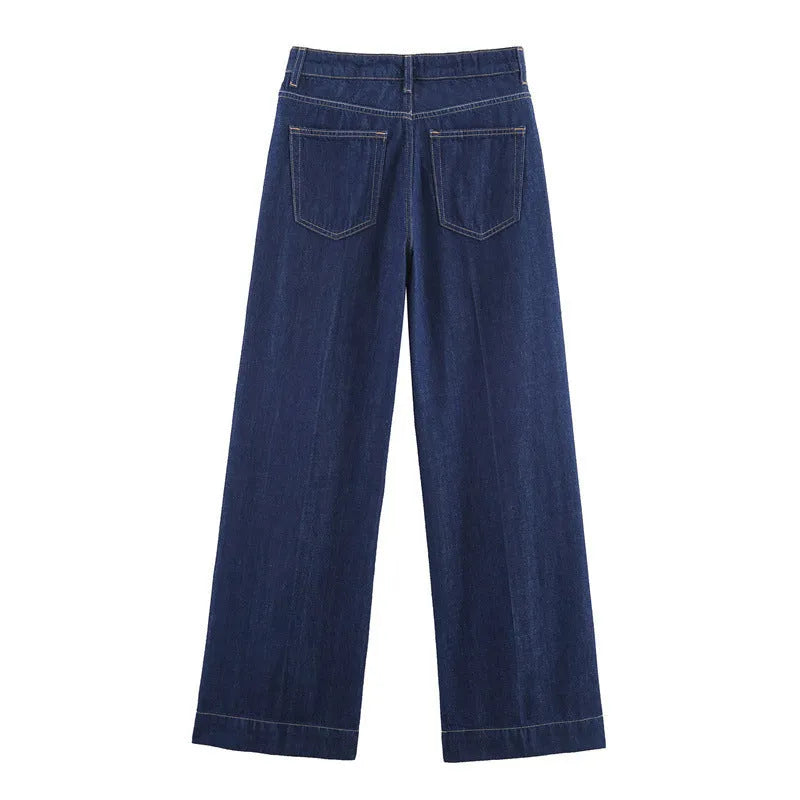Autumn denim-look layered top and trousers set in solid colour with button detailing