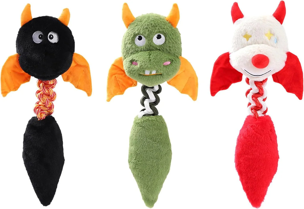 Cartoon-style plush dog toy with a chew rope, shown in black, green, or red colours.