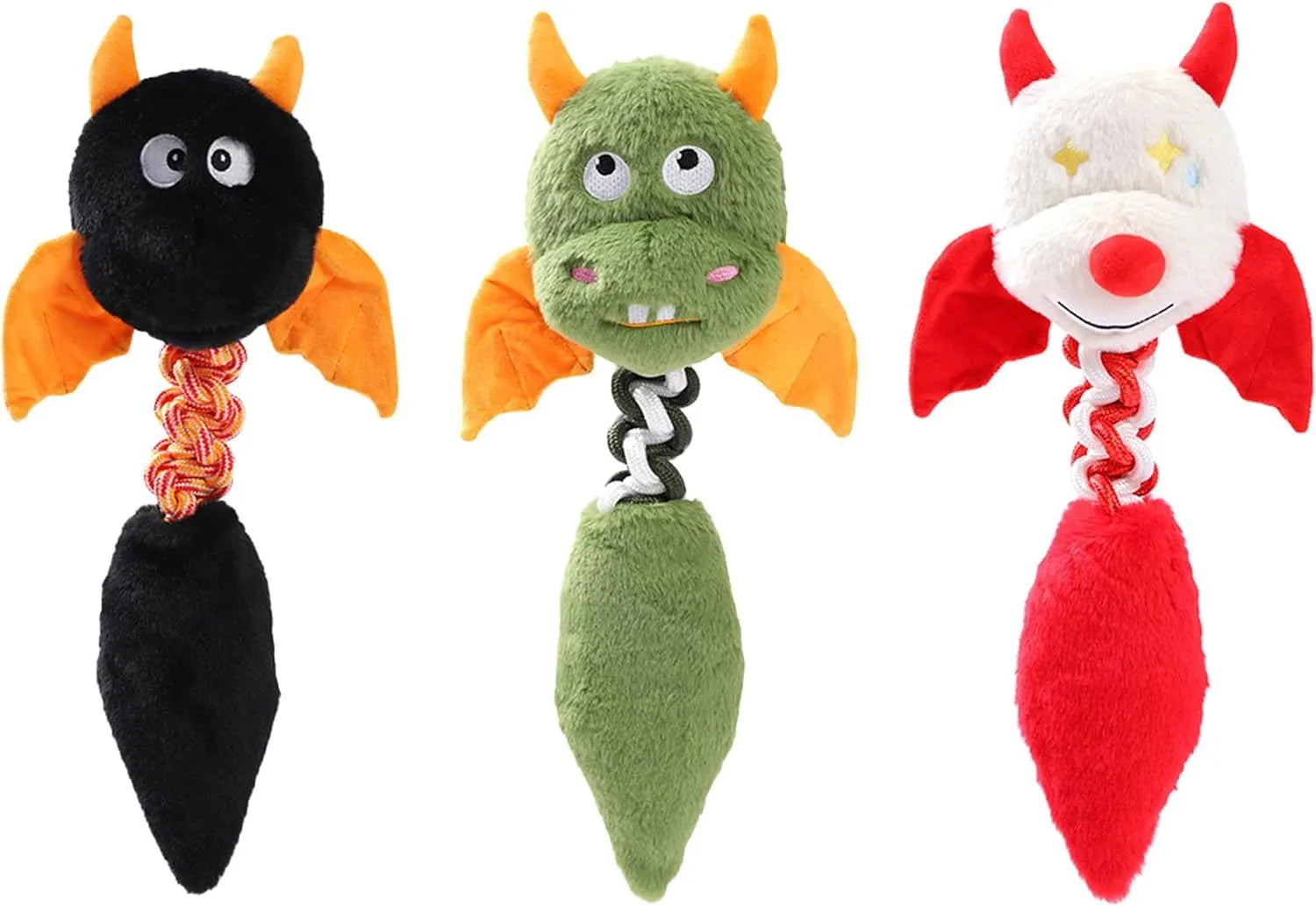Cartoon-style plush dog toy with a chew rope, shown in black, green, or red colours.
