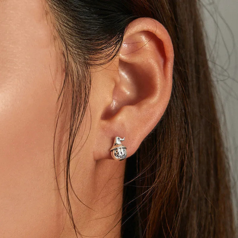 Wansheng pumpkin S925 sterling silver stud earrings, geometric horror element design, BSE537, 1x0.7cm, one pair