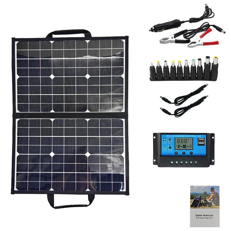 Black 40W single crystal solar panel folded into a slim bag, showing fabric texture and dimensions of 425mm by 285mm.