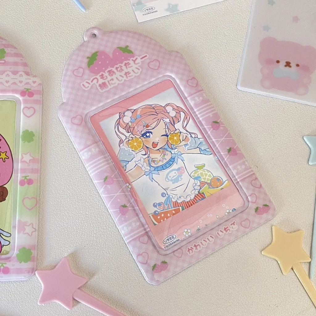 Cartoon strawberry and four-leaf clover design PVC card holders for 3-inch cards.