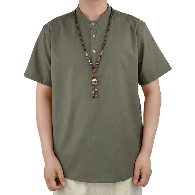Men's thin linen and cotton short sleeve t-shirt in solid colours: optic linen, white, grey green, black.