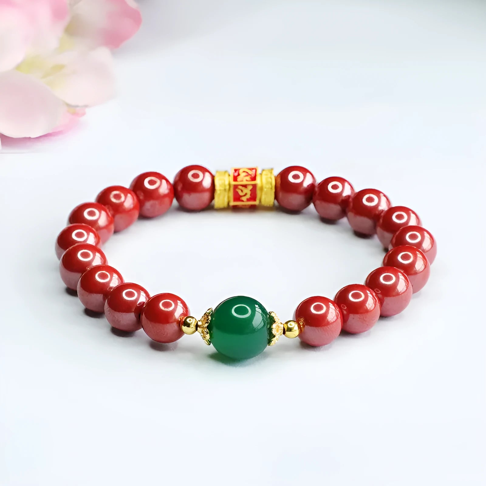Emperor Sandstone six words motto cinnabar bracelet with electroplated finish and 8mm diameter