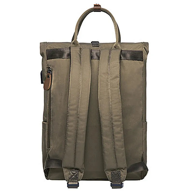 Casual polyester daypack in black showing cover opening and internal laptop pocket.
