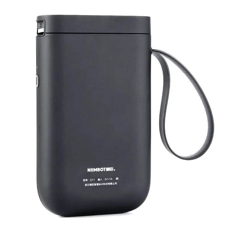 D11 Bluetooth label printer in black with thermal paper roll and smartphone showing app interface