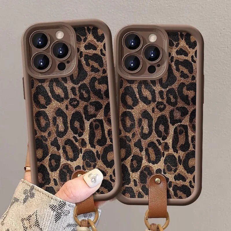 Brown leopard print silicone iPhone case with lanyard attachment for iPhone 11-16 Pro Max models
