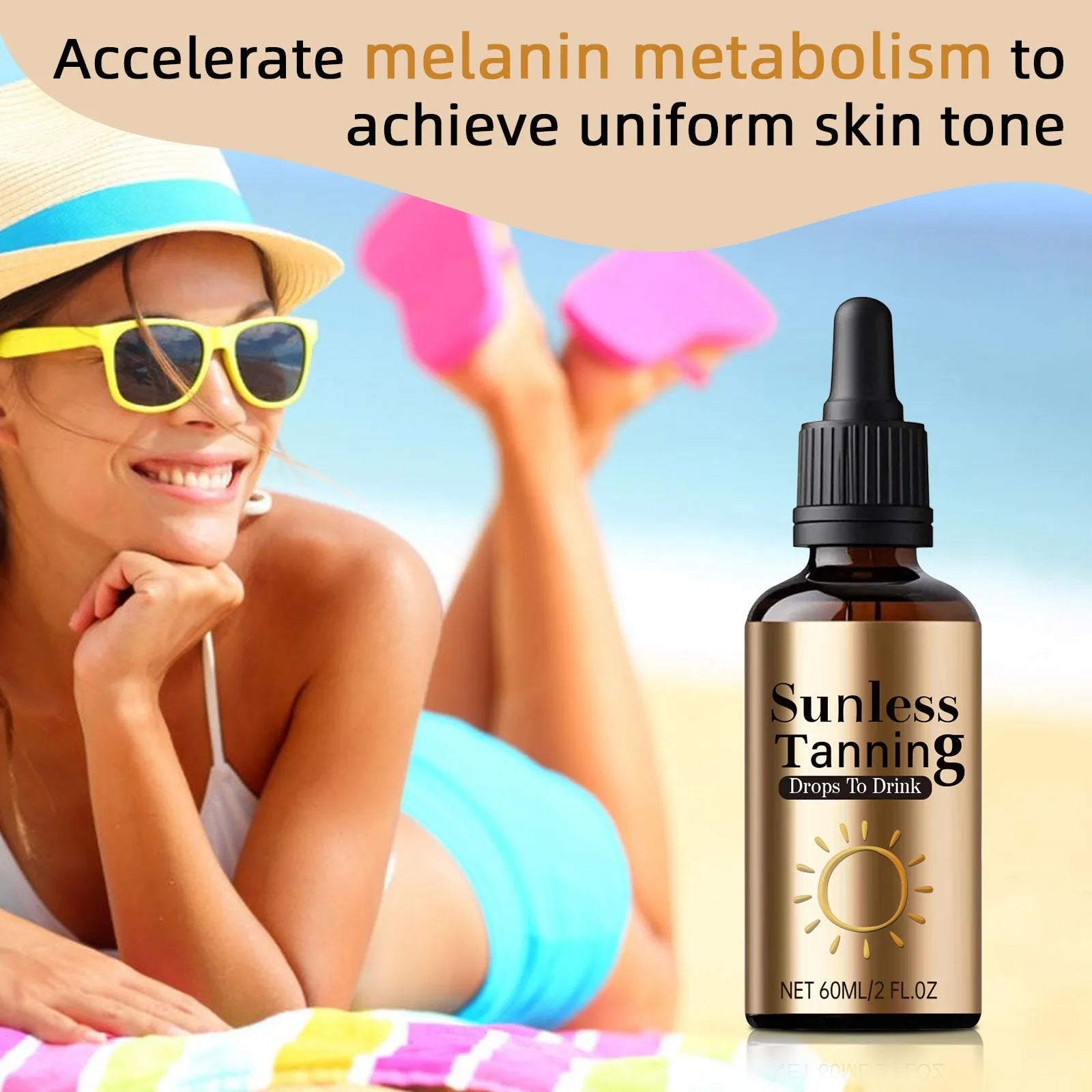 A black bottle containing 60ml of unisex oral drops for universal skincare.