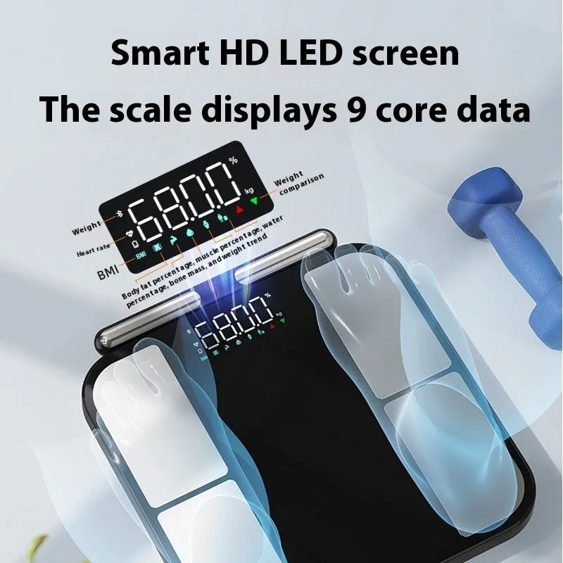 Black electronic weighing scale with colour screen on a tempered glass platform, showing body fat percentage.