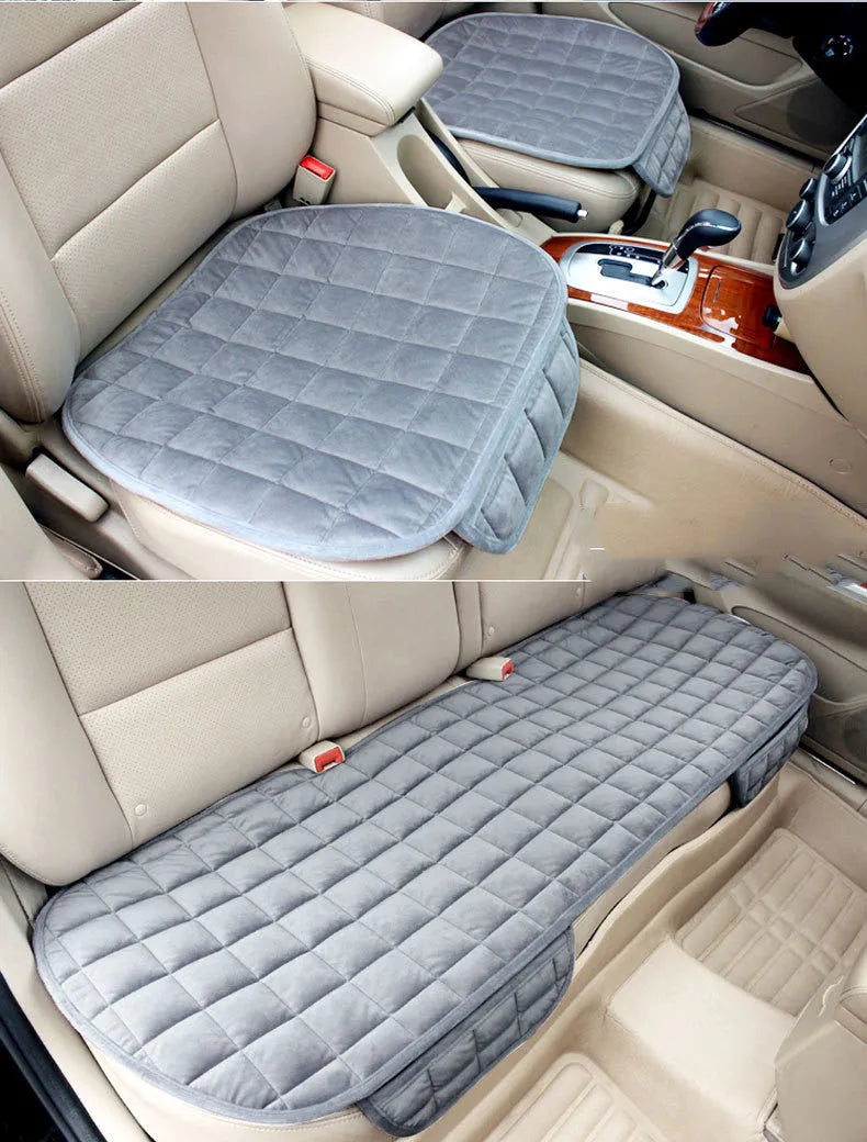 Checkered embroidered plush car seat cushion set in brown, beige, black or grey with non-slip backing