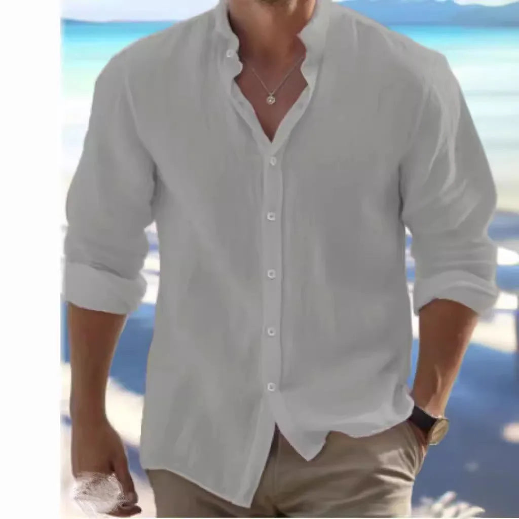 Men's light grey long-staple cotton pullover shirt for summer casual wear.