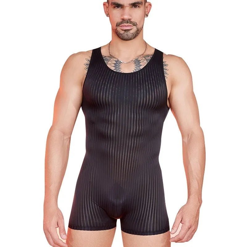 Men's black and white striped nylon jumpsuit with free size fit for summer casual wear