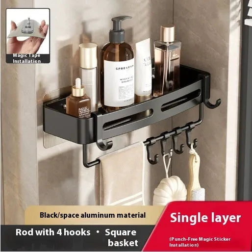 Gun grey corner-mounted bathroom rack with triangle basket design and punch-free wall mounting