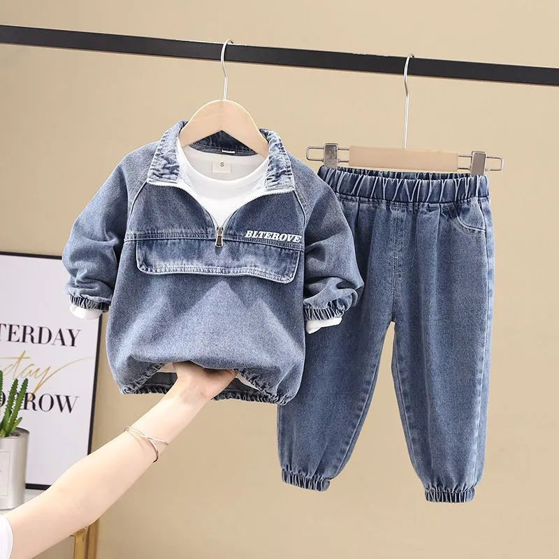 Boys' black and blue denim two-piece suit set with long sleeves in Korean style