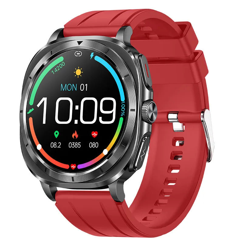 ECG Bluetooth Calling Sport Smart Watch with AMOLED screen and touch button, shown in black, blue, red and brown colour options.